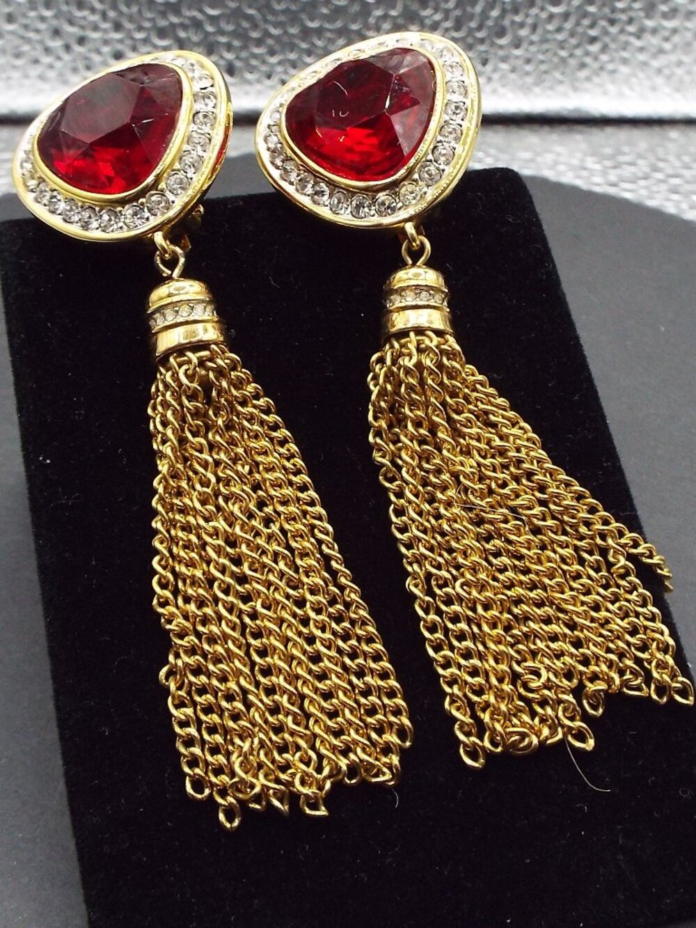 RICH GOLDEN FINISH W/ FAUX RUBY TRIANGULAR SHAPE AND LONG TASSELS EARRINGS 69